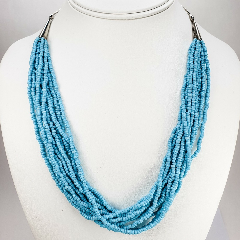 Southwestern Multi Strand Necklace Glass Seed Bead‎ 21in Turquoise Blue